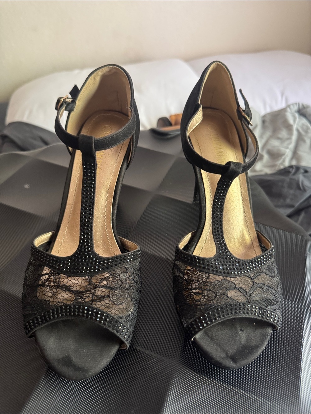Dream Pairs Black Lace Rhinestone T-Strap Heels – Size 7.5 - Picture 7 of 10
